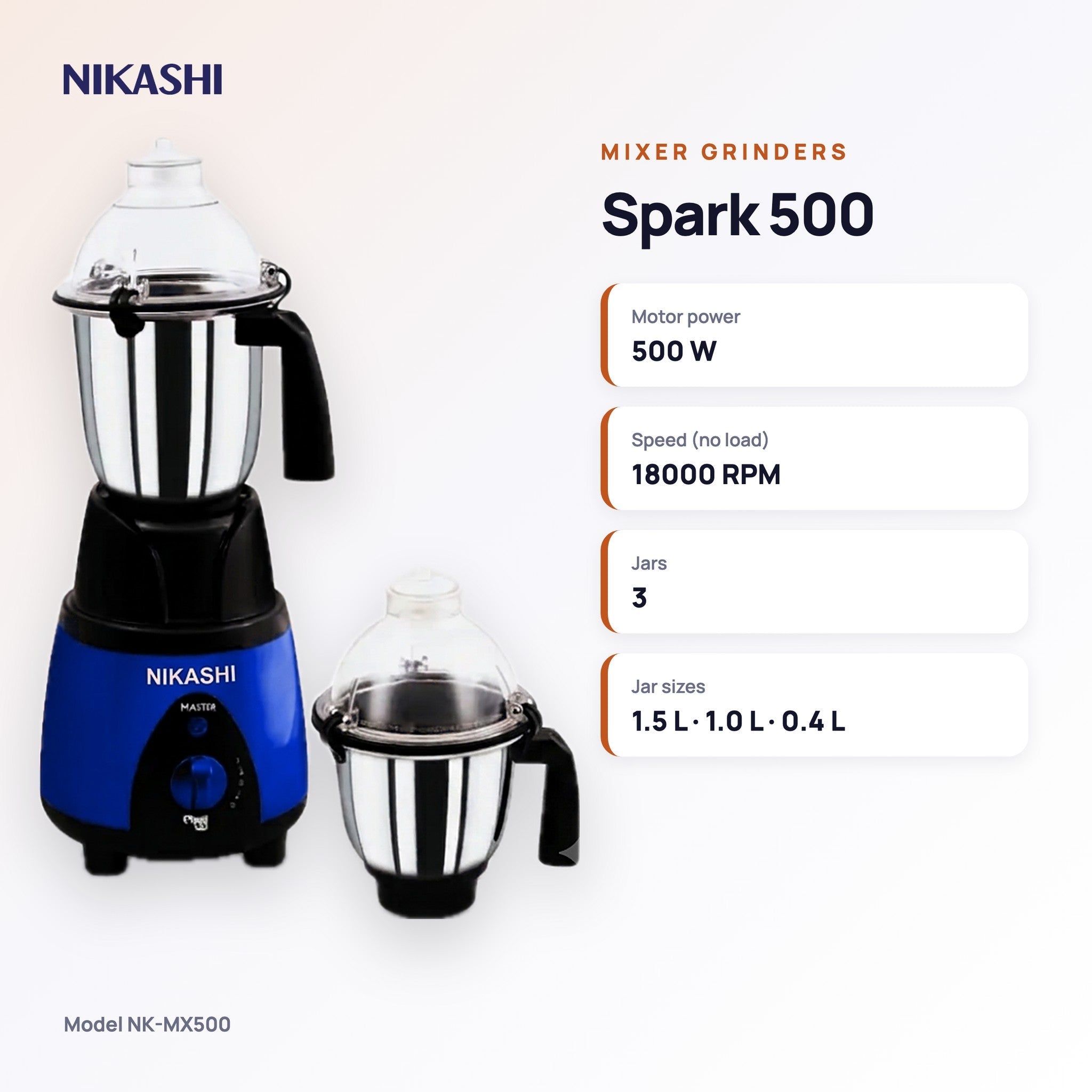 Nikashi Spark 500 Mixer Grinder (NK-MX500) key specifications