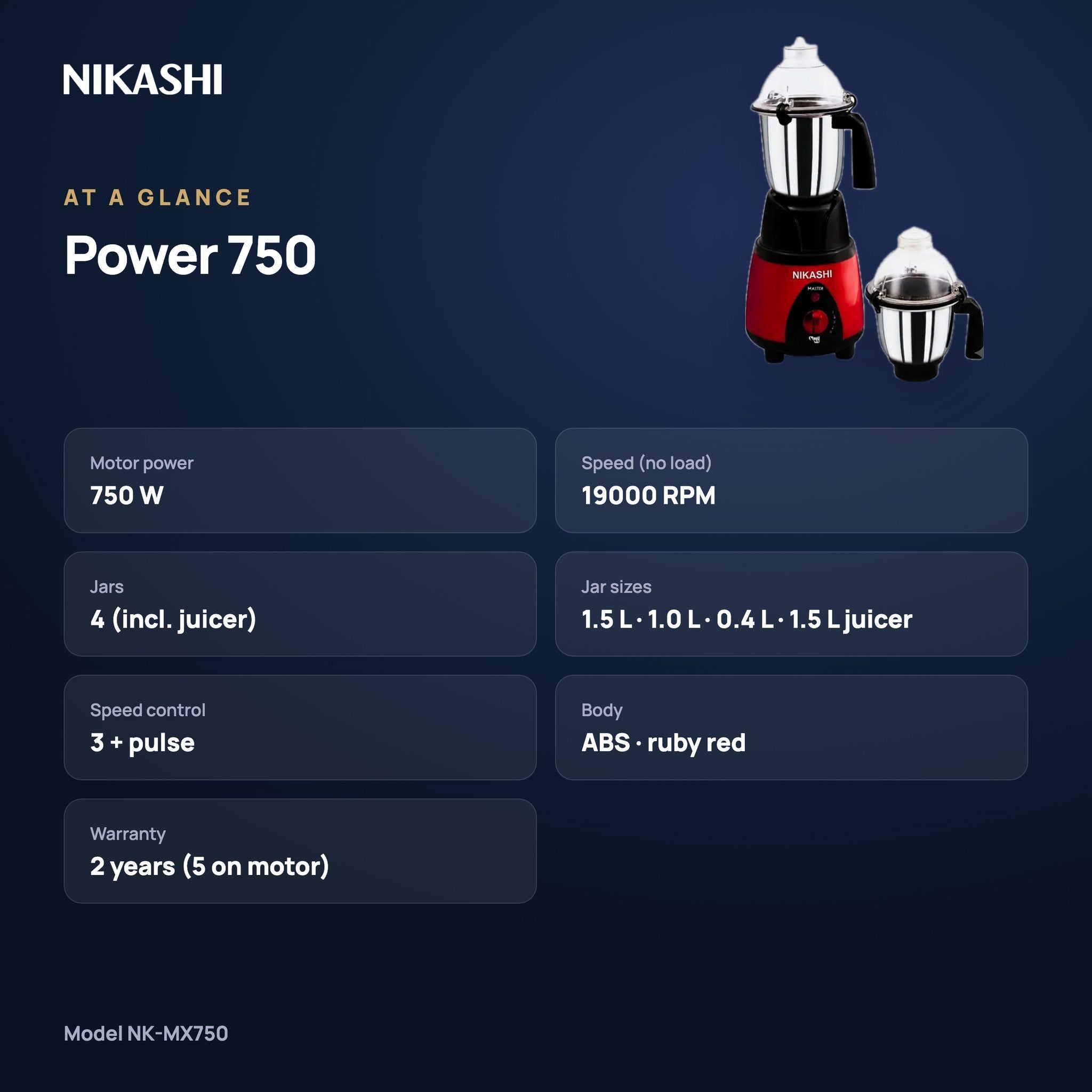 Nikashi Power 750 Mixer Grinder (NK-MX750) at a glance