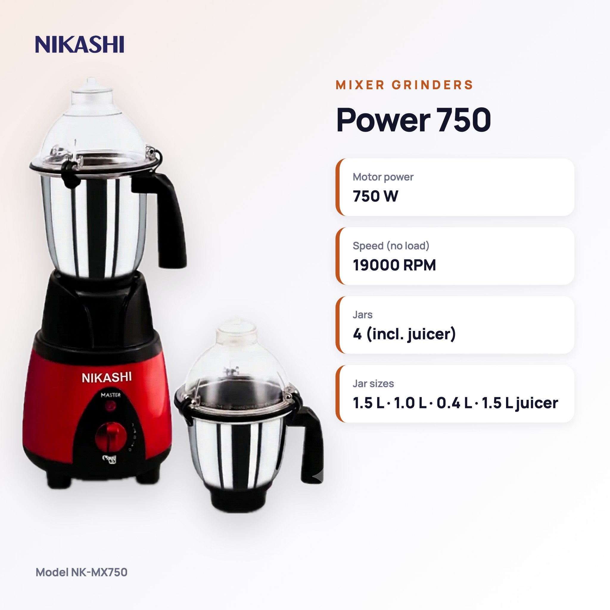 Nikashi Power 750 Mixer Grinder (NK-MX750) key specifications
