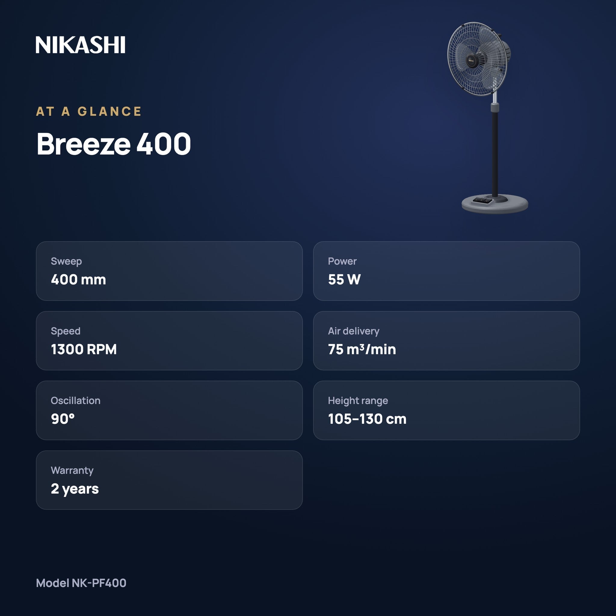 Nikashi Breeze 400 Pedestal Fan (NK-PF400) at a glance
