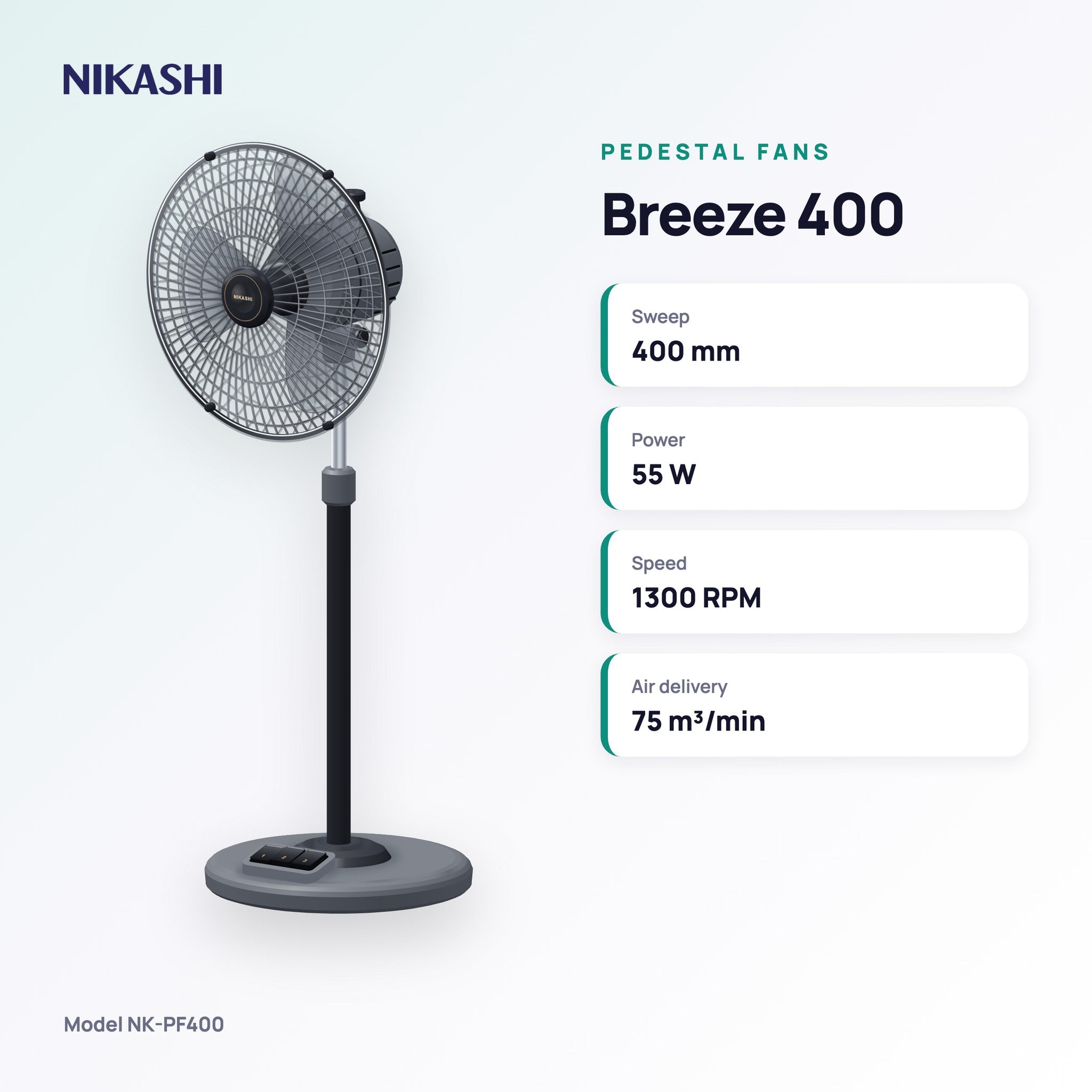 Nikashi Breeze 400 Pedestal Fan (NK-PF400) key specifications