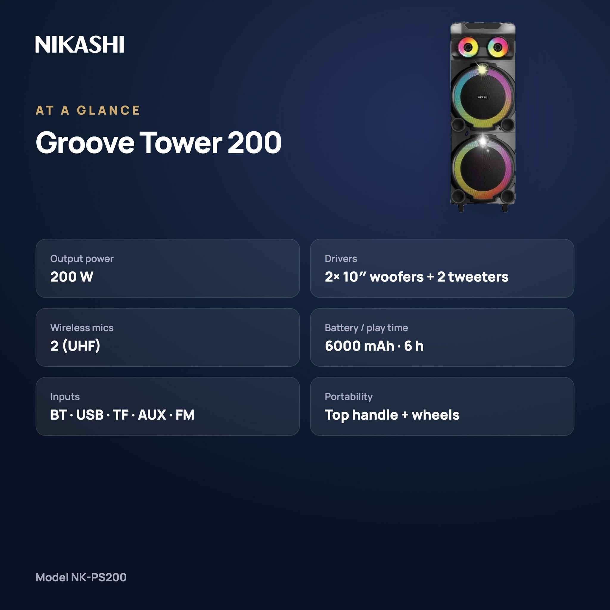 Nikashi Groove Tower 200 Party Speaker (NK-PS200) at a glance