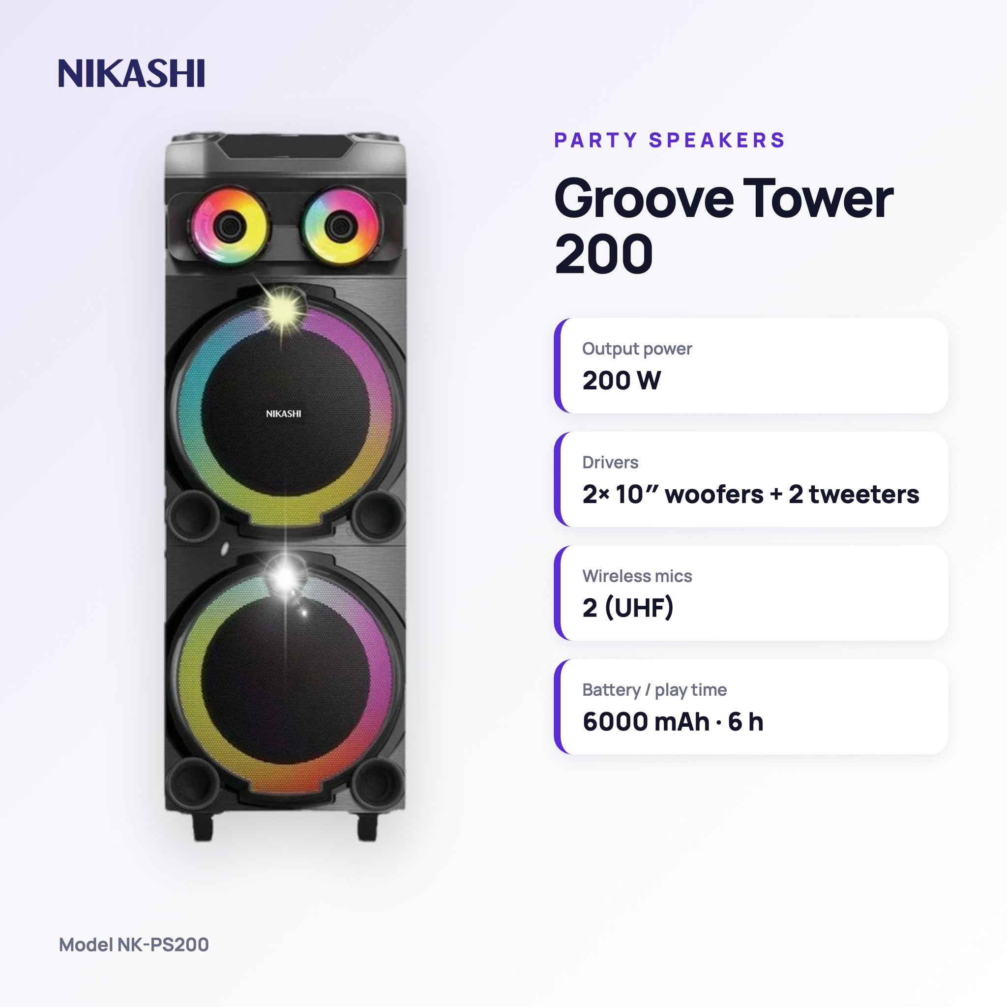 Nikashi Groove Tower 200 Party Speaker (NK-PS200) key specifications