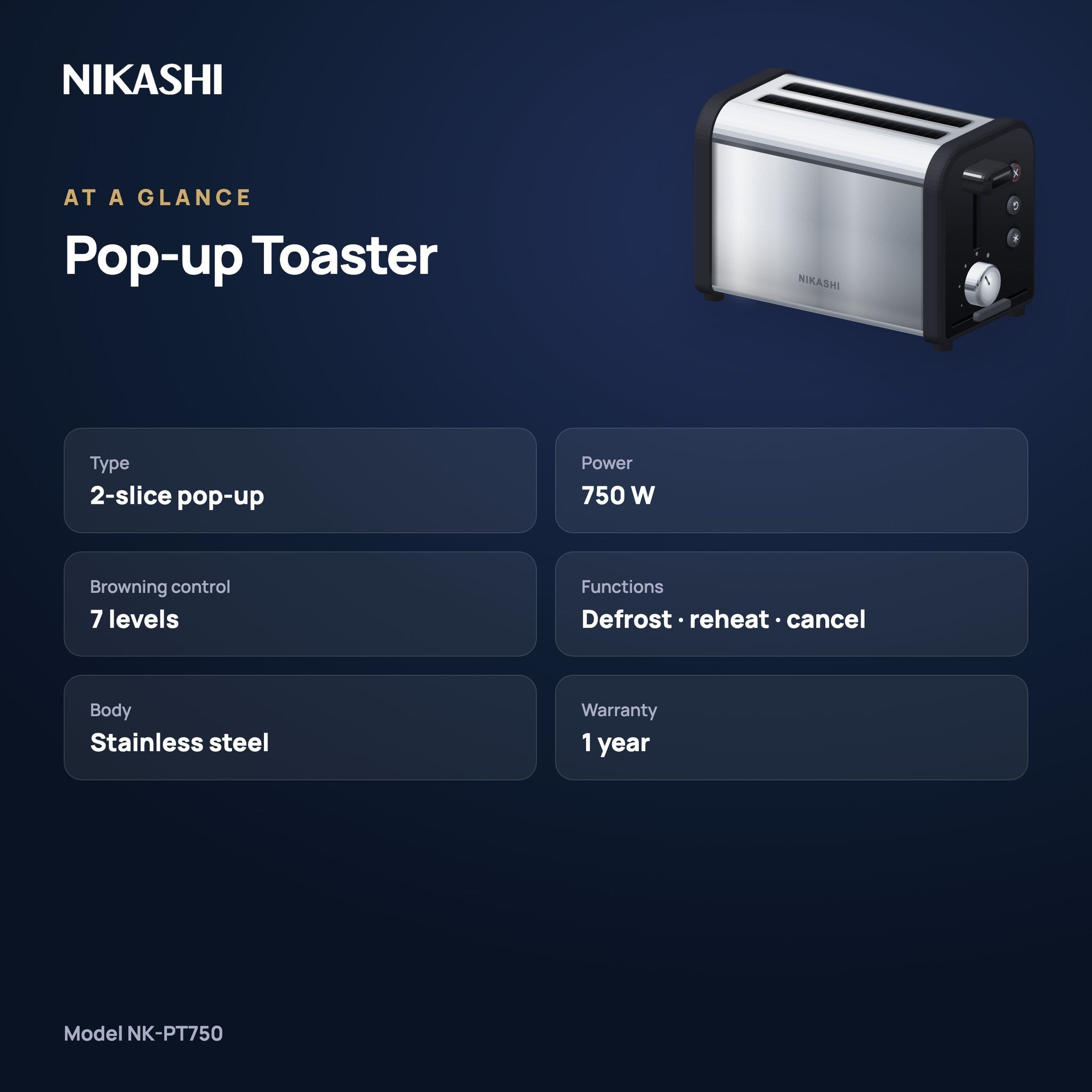 Nikashi Pop-up Toaster (NK-PT750) at a glance