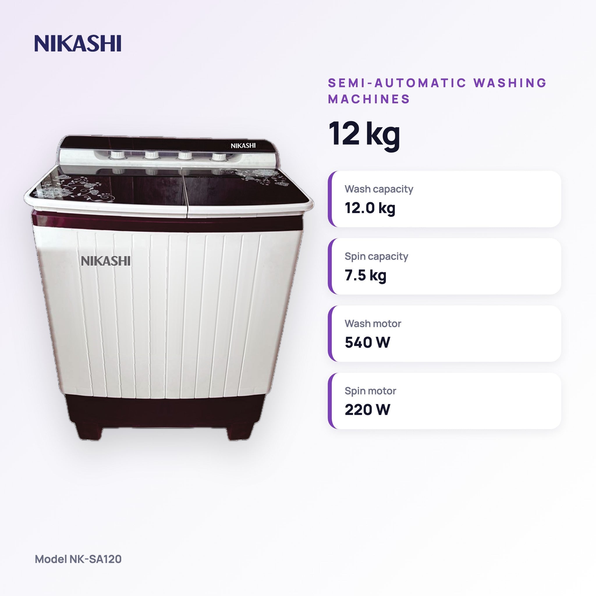 Nikashi 12 kg Semi-Automatic Washing Machine (NK-SA120) key specifications