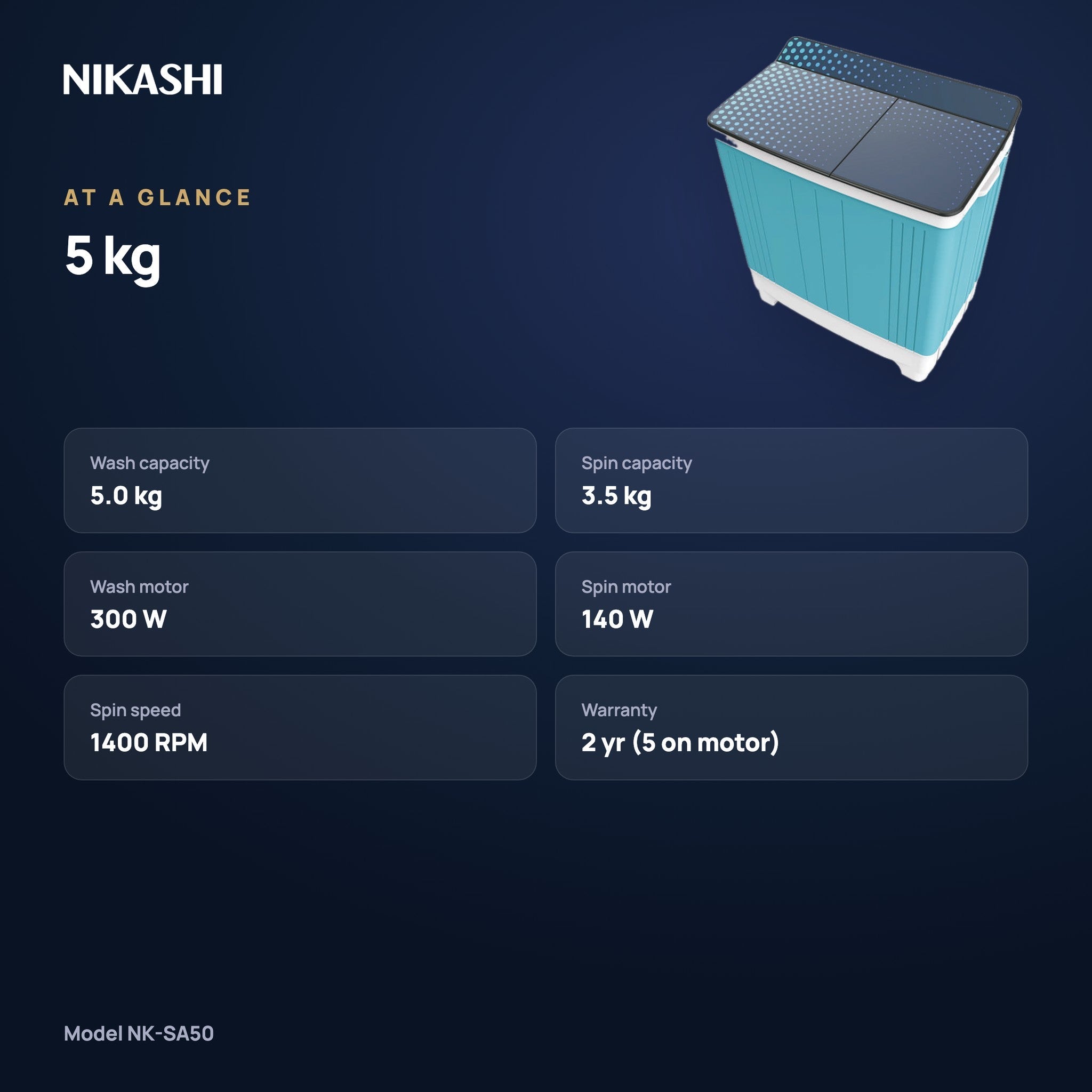 Nikashi 5 kg Semi-Automatic Washing Machine (NK-SA50) at a glance