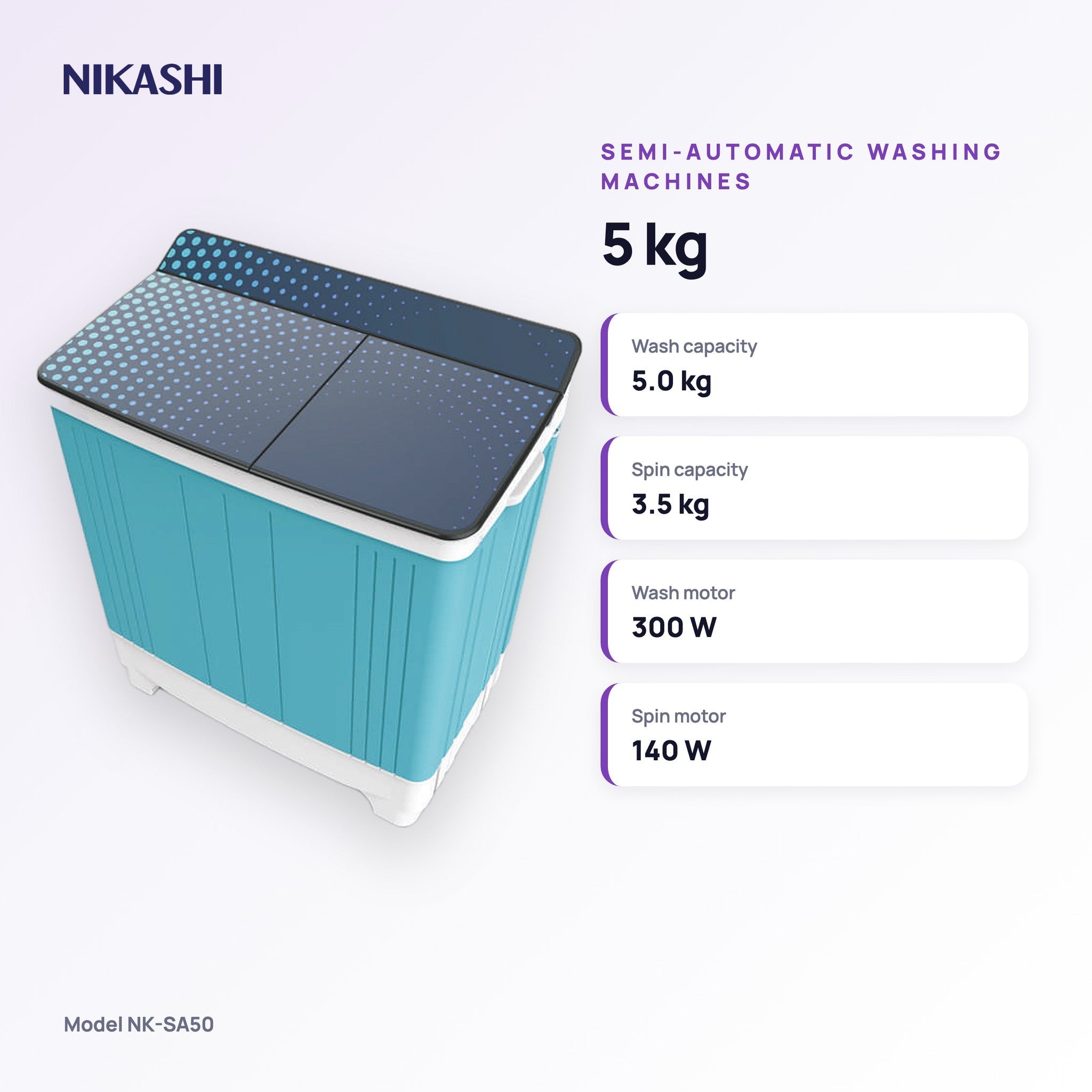 Nikashi 5 kg Semi-Automatic Washing Machine (NK-SA50) key specifications