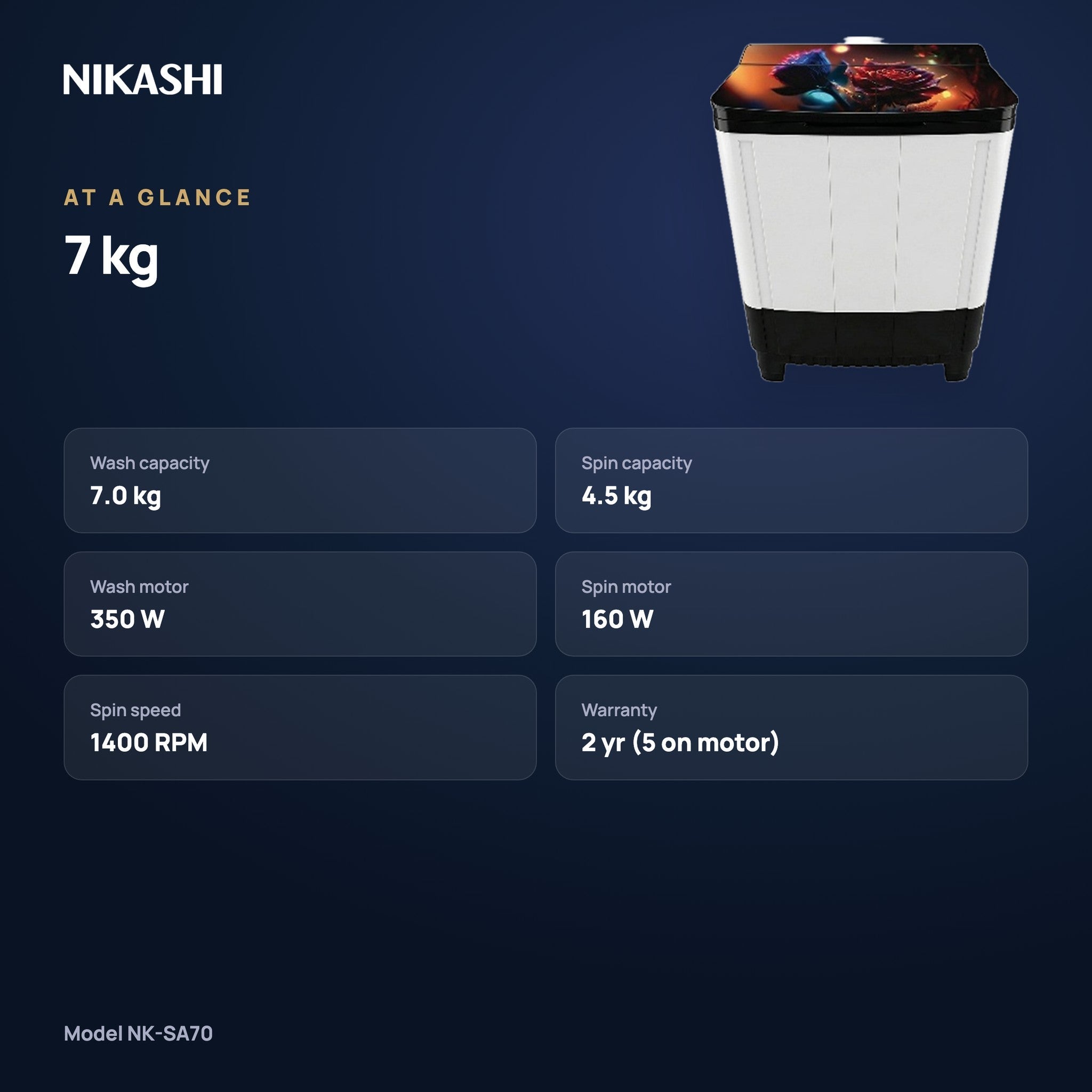 Nikashi 7 kg Semi-Automatic Washing Machine (NK-SA70) at a glance