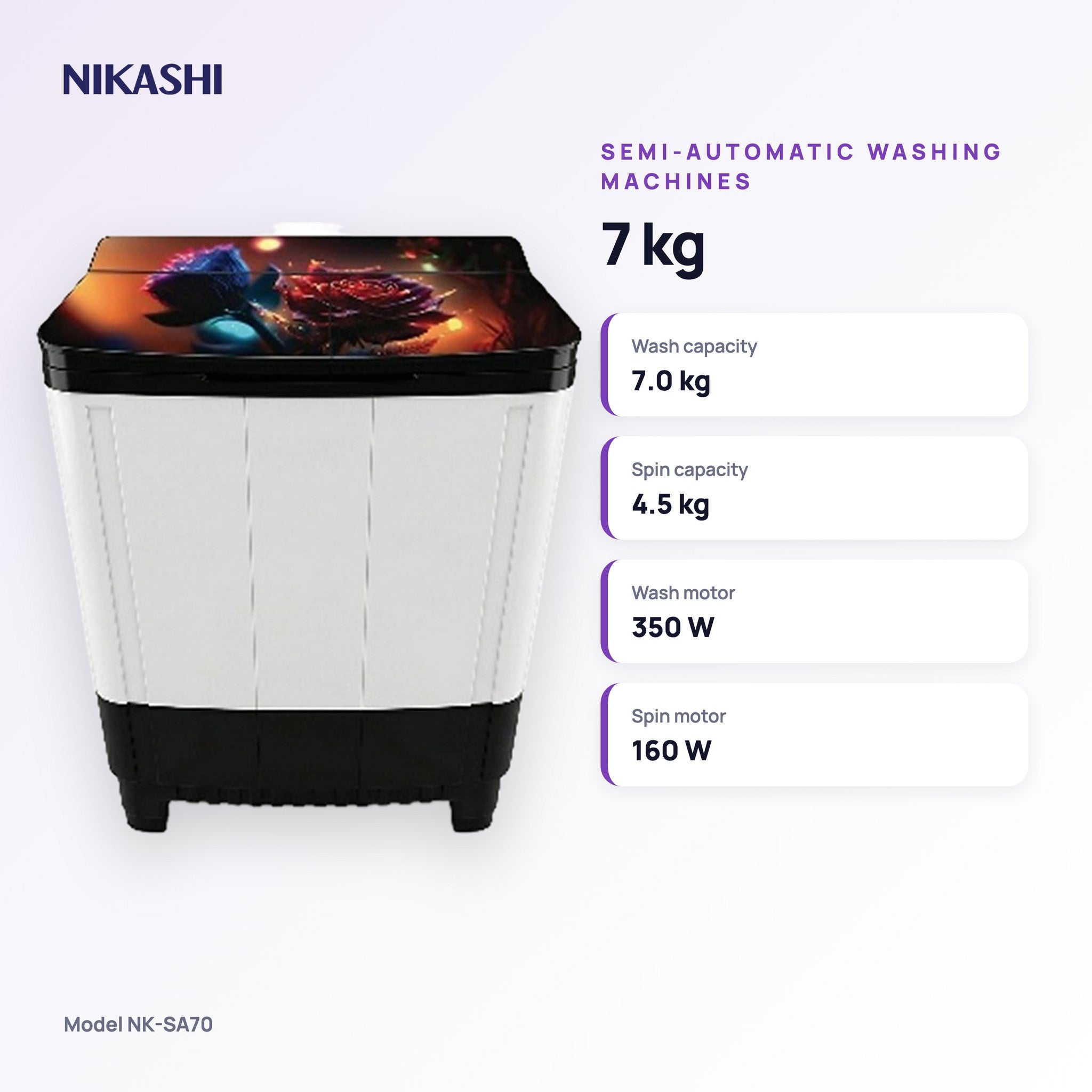 Nikashi 7 kg Semi-Automatic Washing Machine (NK-SA70) key specifications