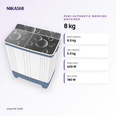 Nikashi 8 kg Semi-Automatic Washing Machine (NK-SA80) key specifications