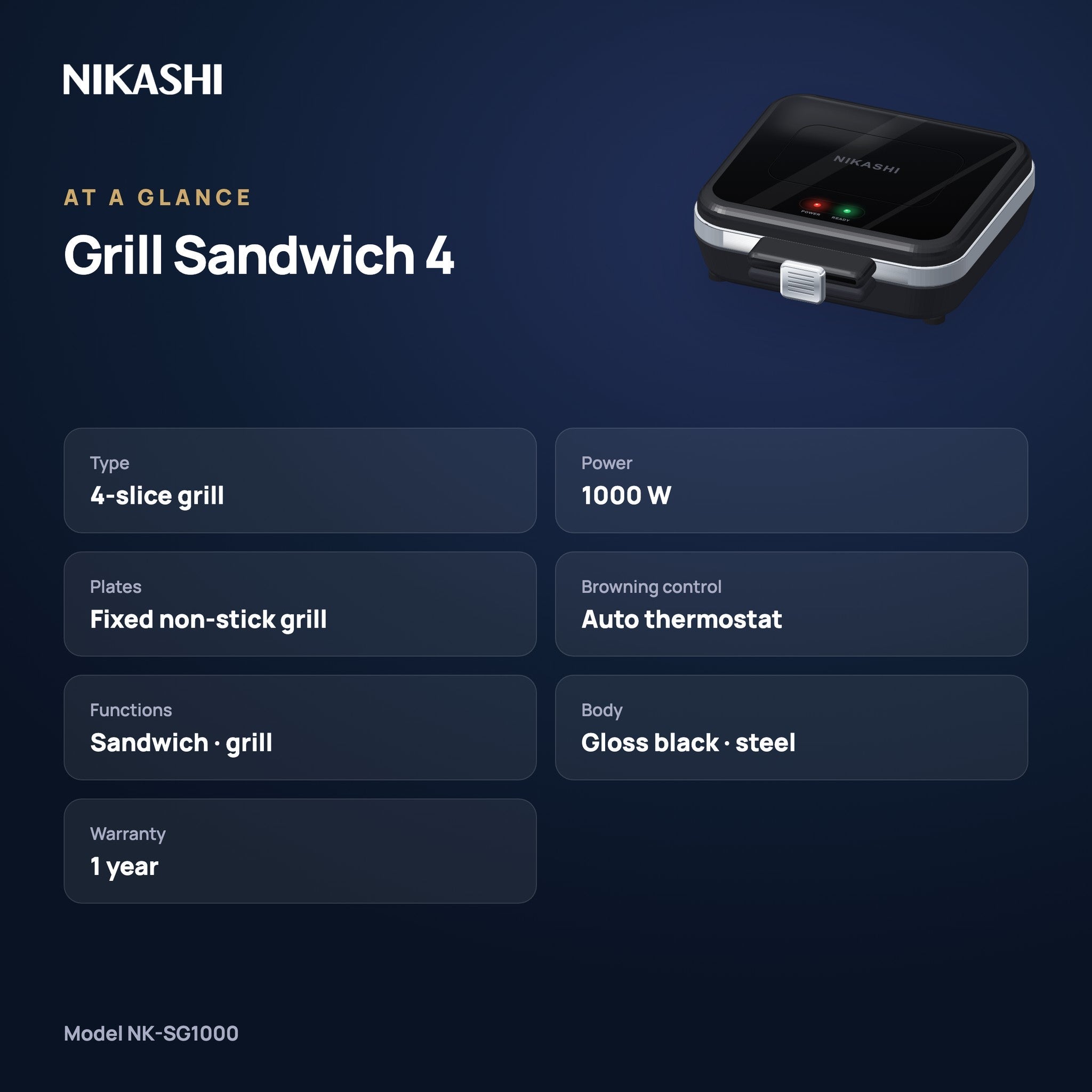Nikashi Grill Sandwich 4 (NK-SG1000) at a glance