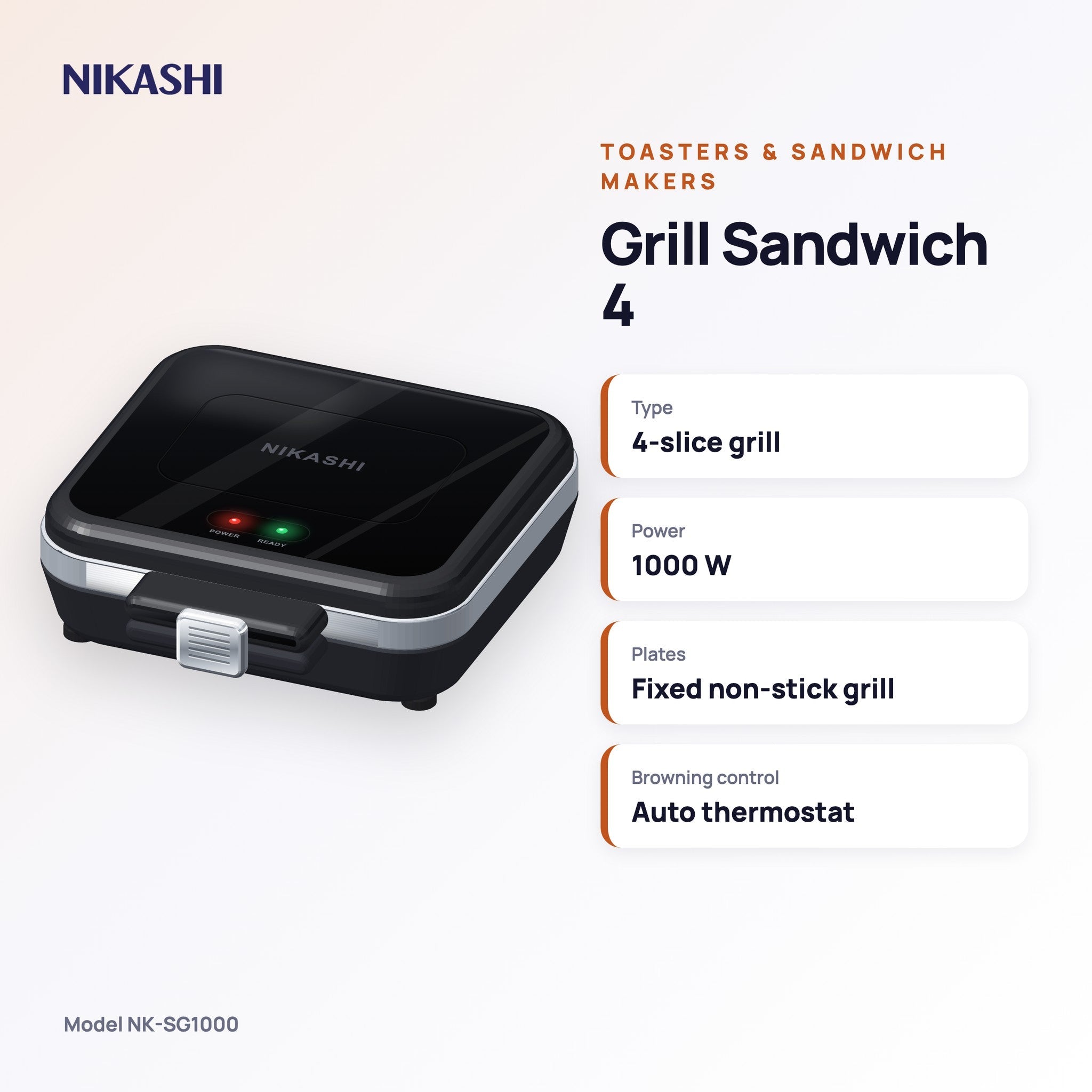 Nikashi Grill Sandwich 4 (NK-SG1000) key specifications