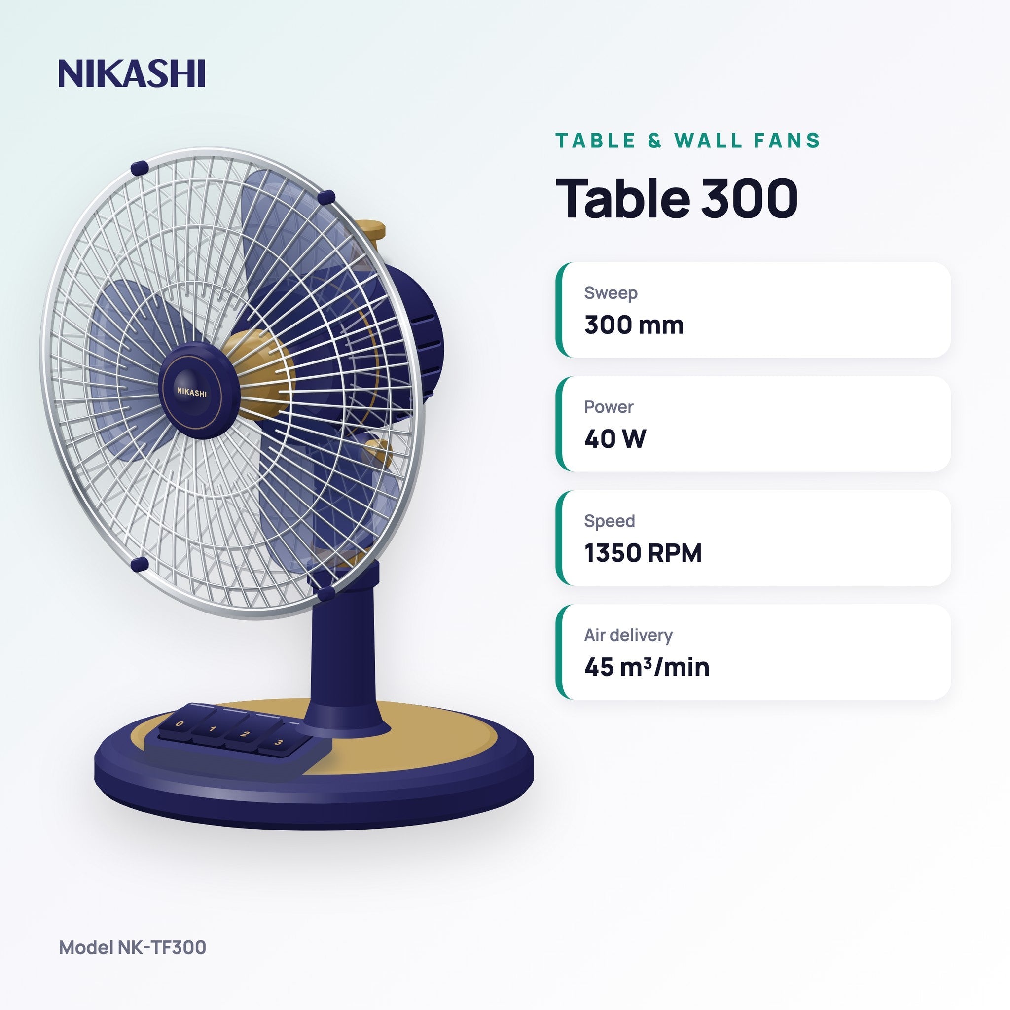Nikashi Table 300 Fan (NK-TF300) key specifications