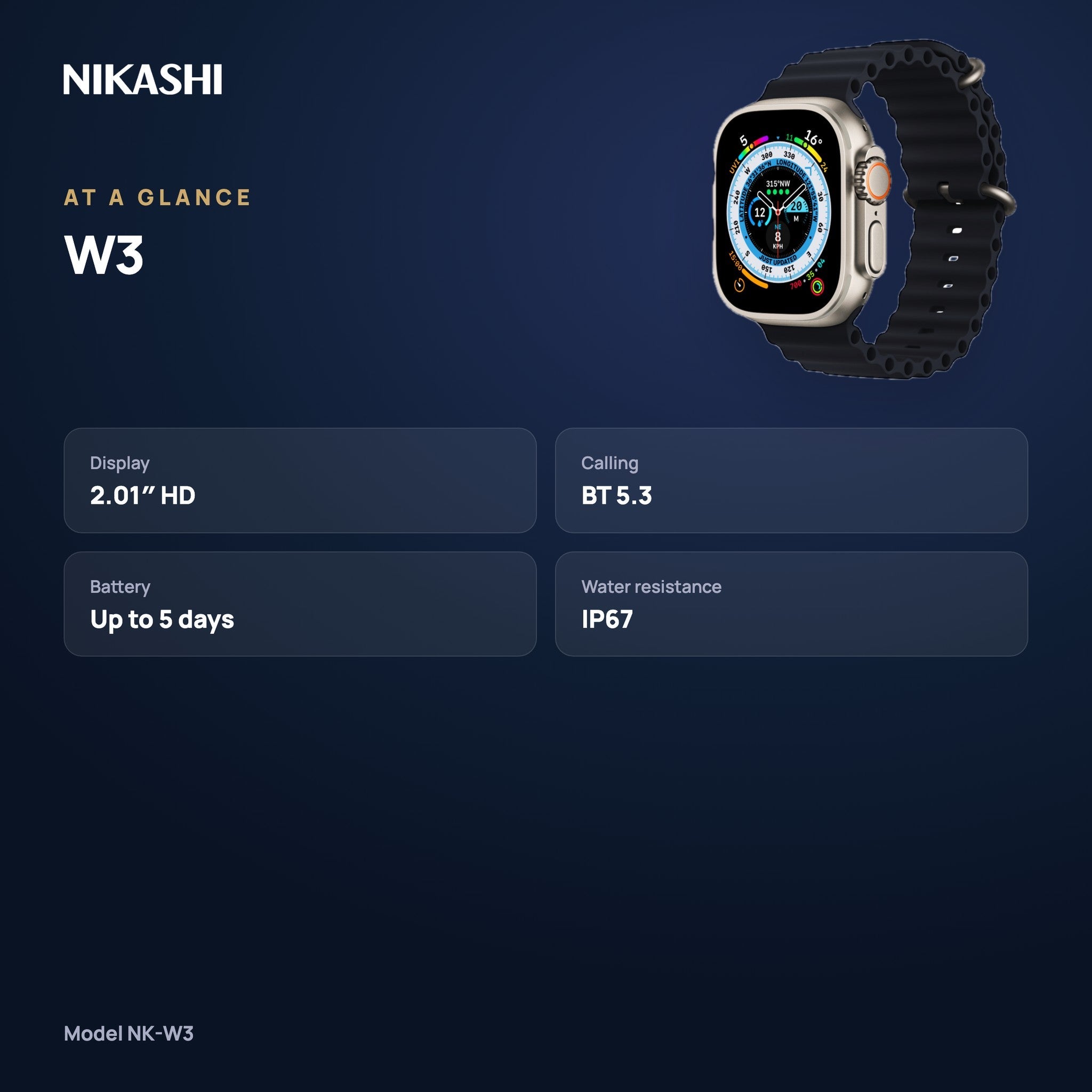 Nikashi W3 Smartwatch (NK-W3) at a glance