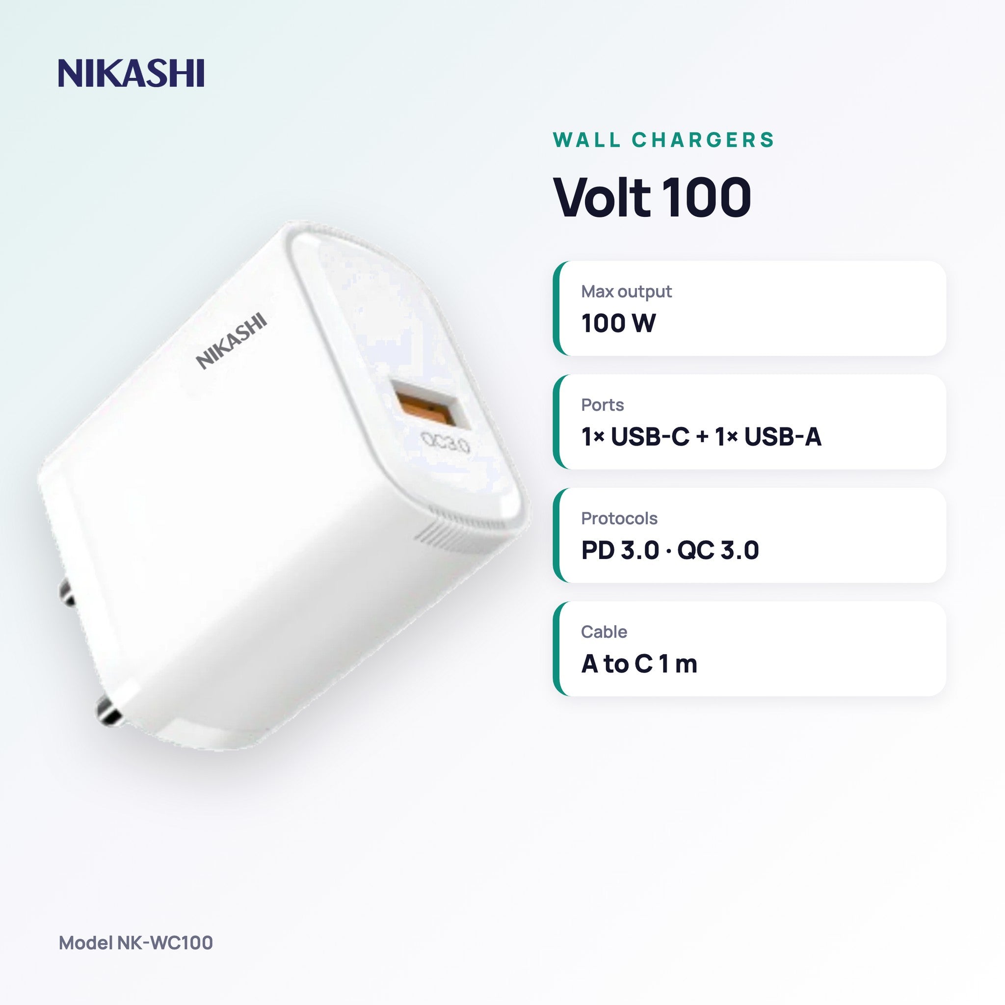 Nikashi Volt 100 Fast Charger (NK-WC100) key specifications