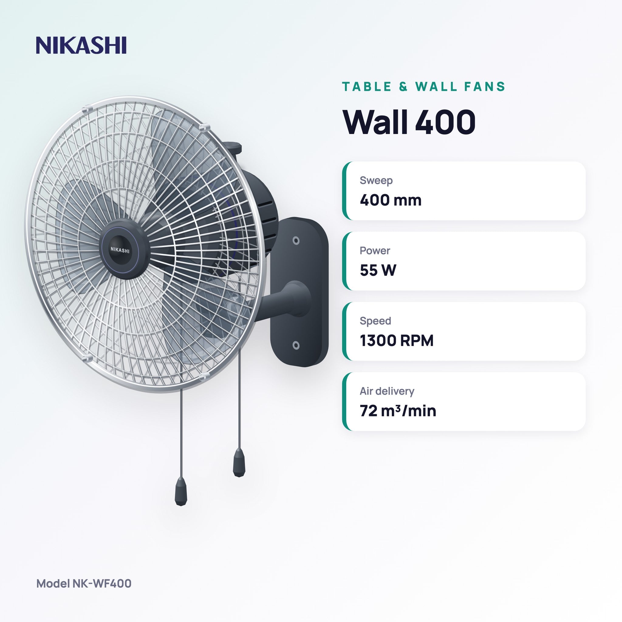 Nikashi Wall 400 Fan (NK-WF400) key specifications