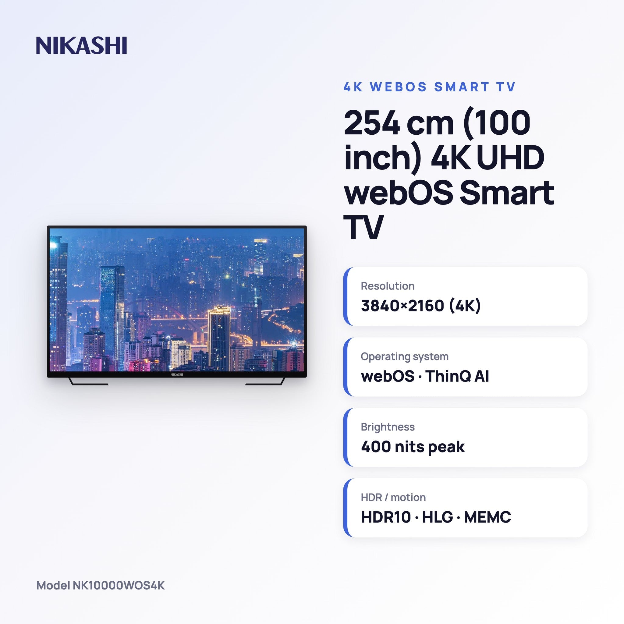 Nikashi 254 cm (100 inch) 4K UHD webOS Smart TV key specifications
