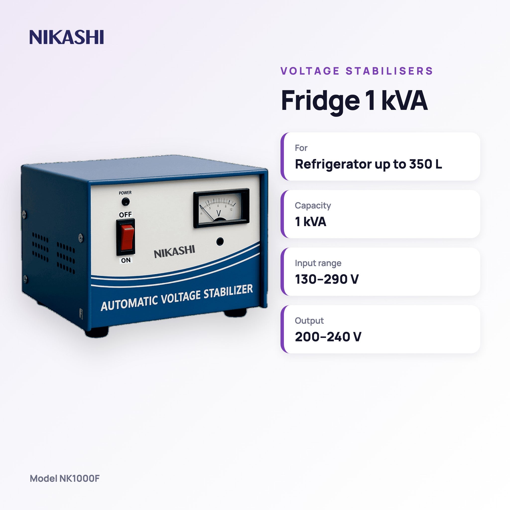 Nikashi Fridge 1 kVA Voltage Stabiliser (NK1000F) key specifications