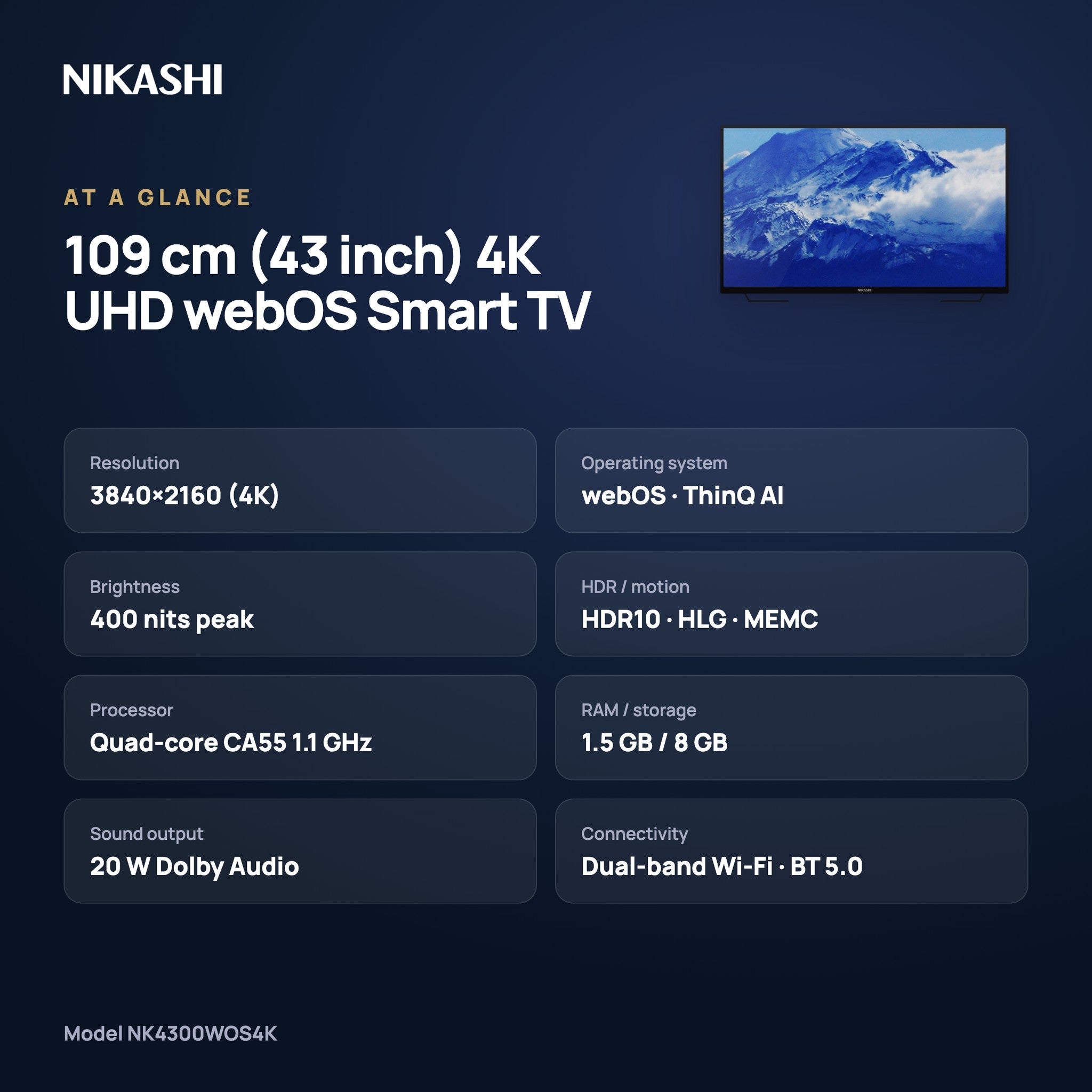 Nikashi 109 cm (43 inch) 4K UHD webOS Smart TV at a glance