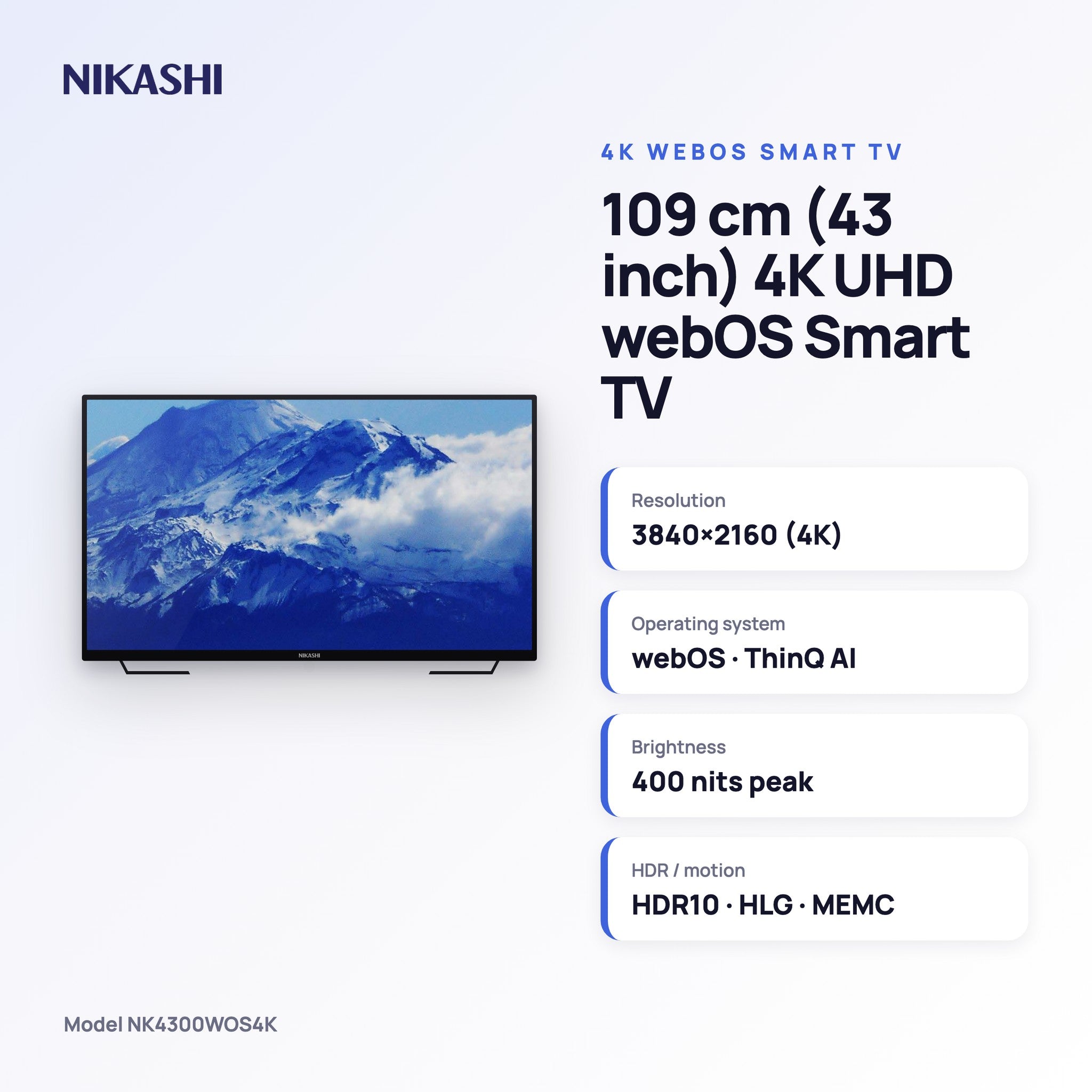 Nikashi 109 cm (43 inch) 4K UHD webOS Smart TV key specifications