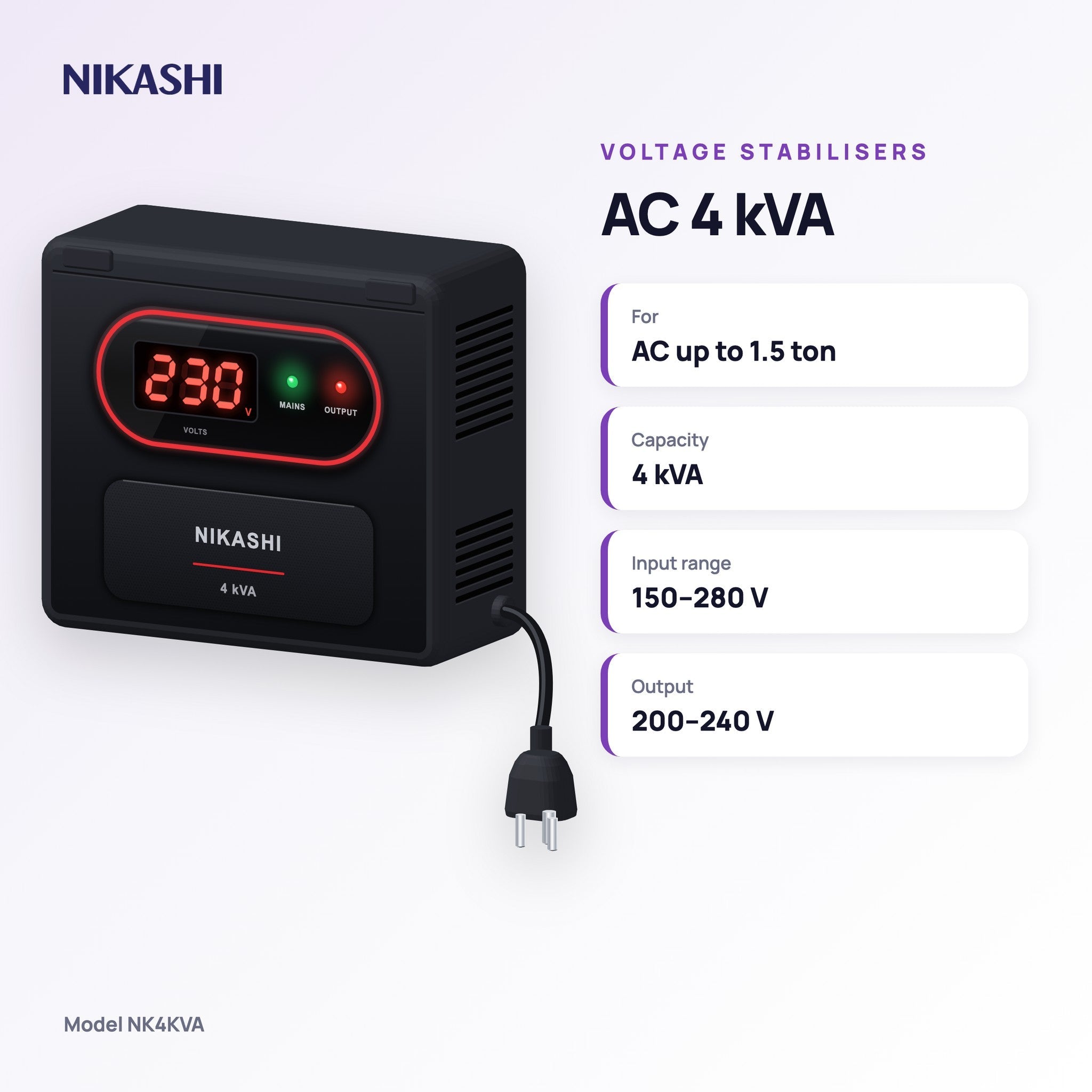 Nikashi AC 4 kVA Voltage Stabiliser (NK4KVA) key specifications