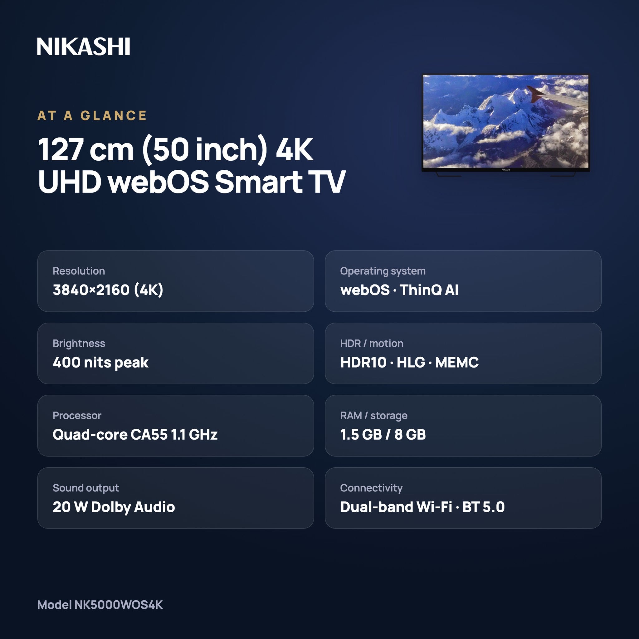 Nikashi 127 cm (50 inch) 4K UHD webOS Smart TV at a glance