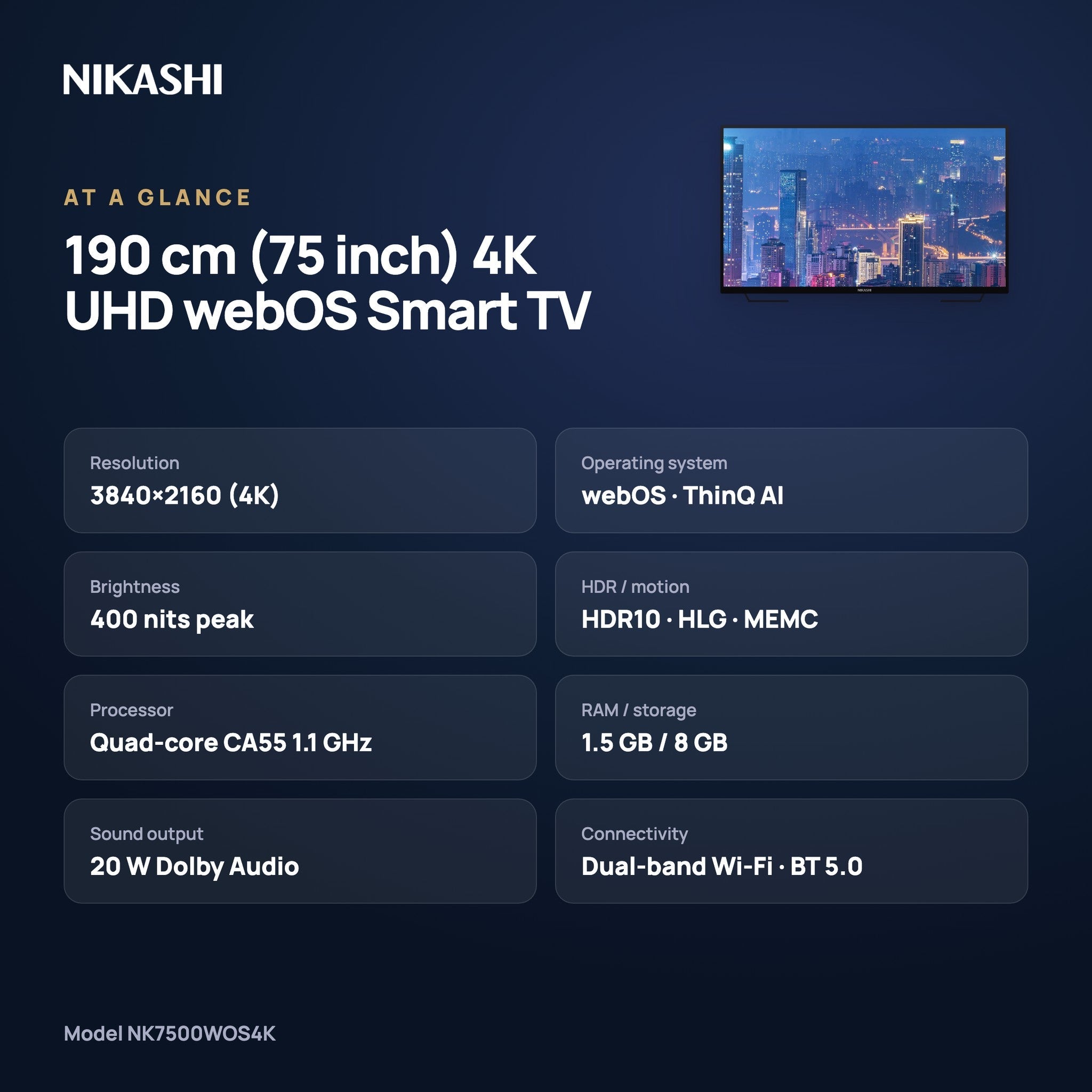 Nikashi 190 cm (75 inch) 4K UHD webOS Smart TV at a glance