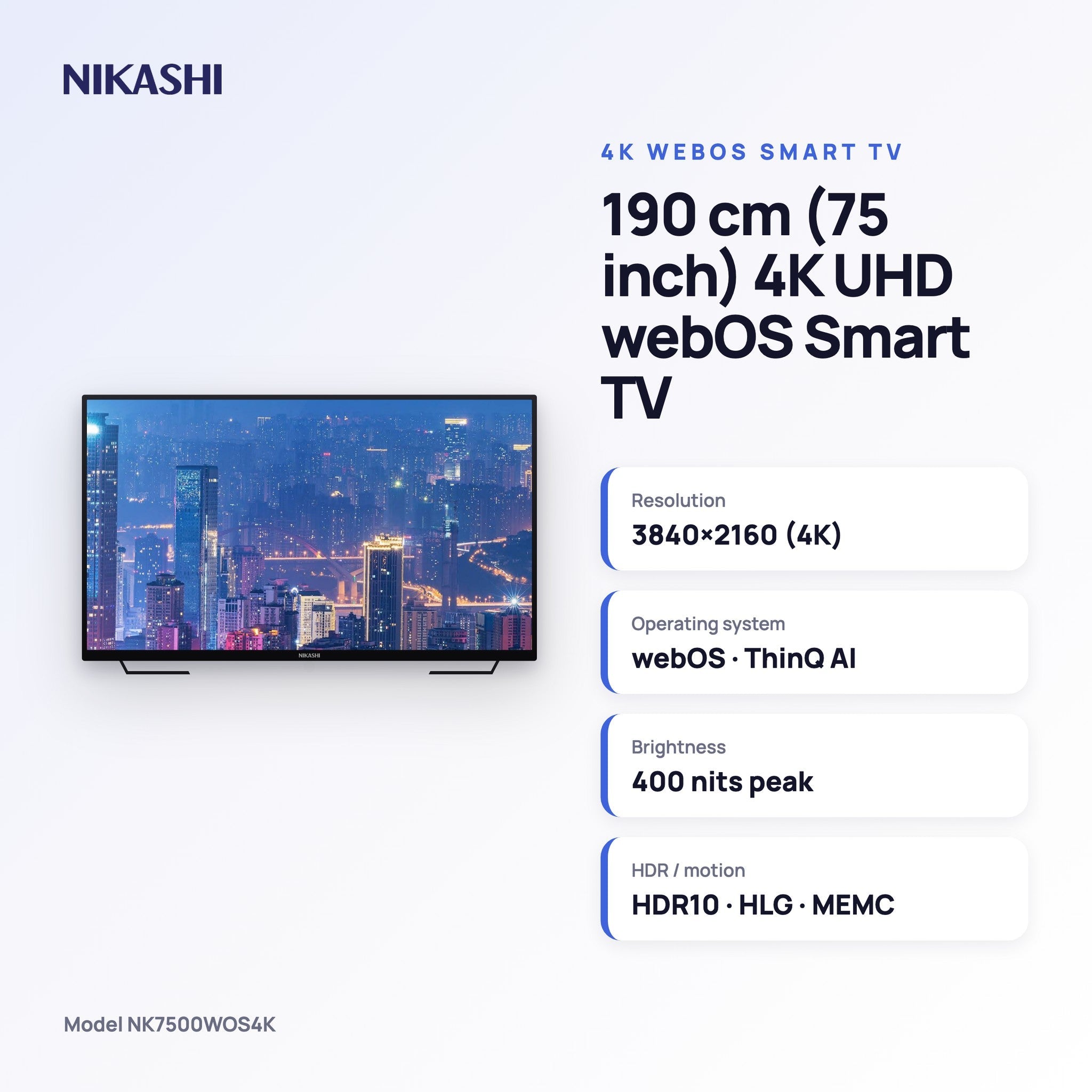 Nikashi 190 cm (75 inch) 4K UHD webOS Smart TV key specifications
