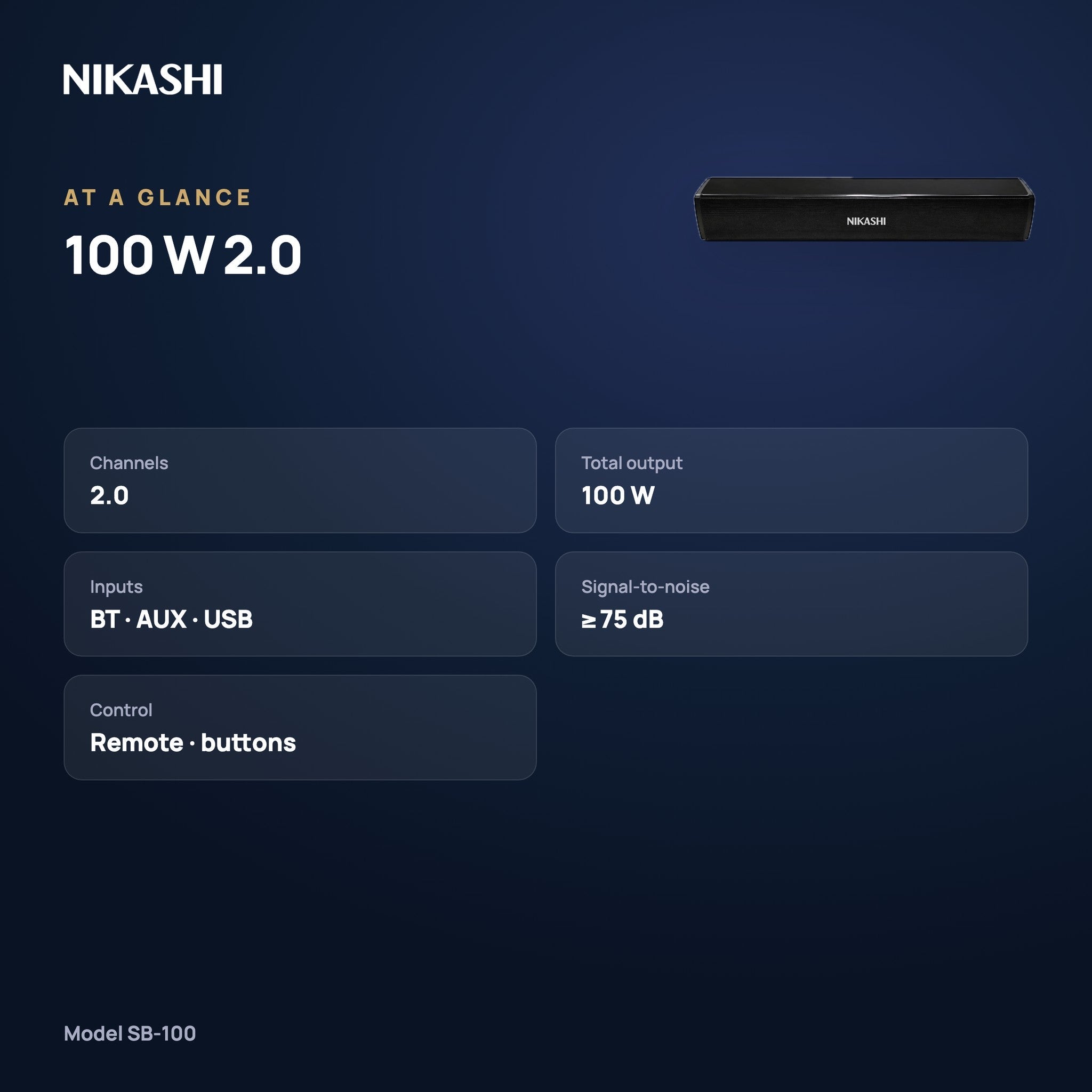 Nikashi 100 W 2.0 Soundbar (SB-100) at a glance