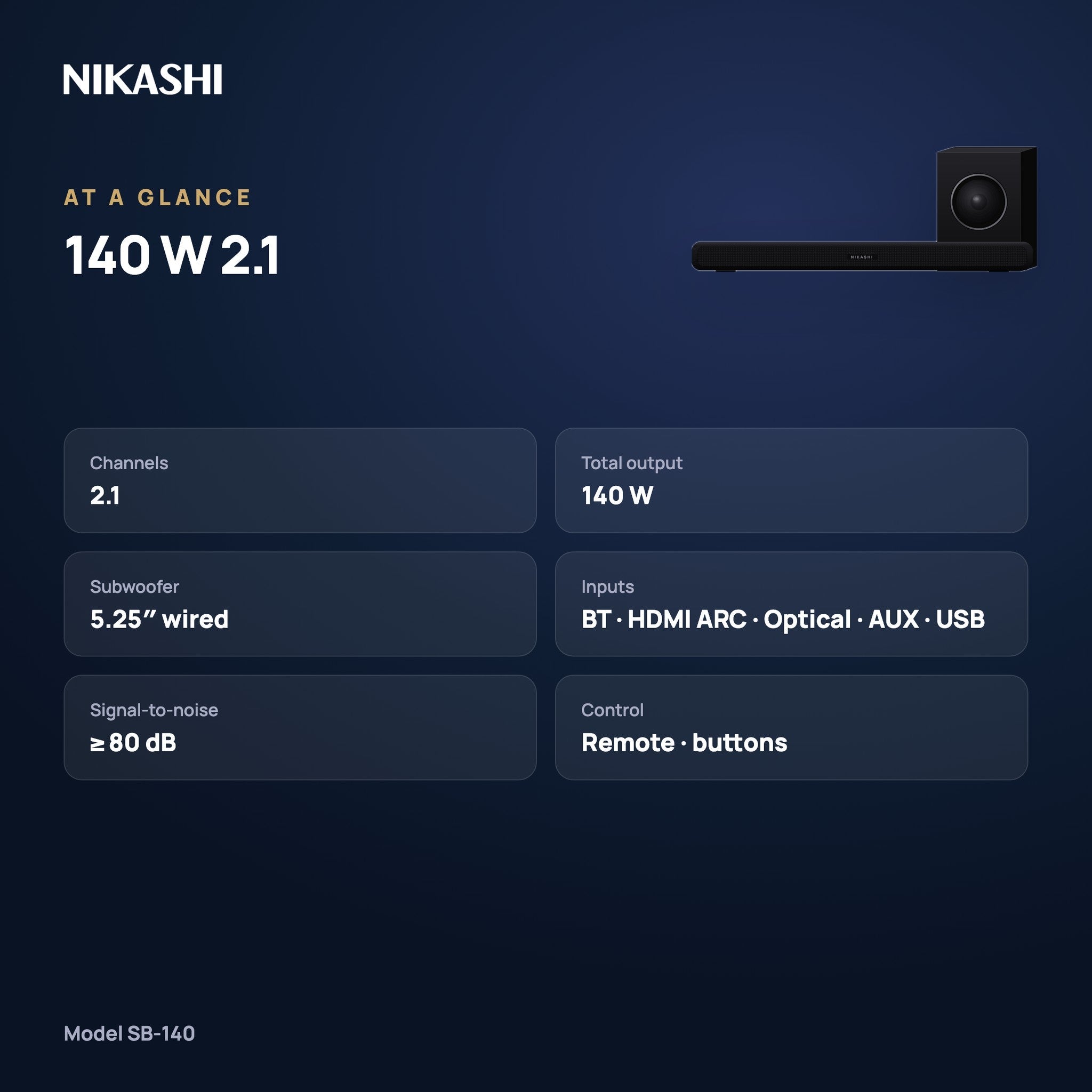 Nikashi 140 W 2.1 Soundbar (SB-140) at a glance
