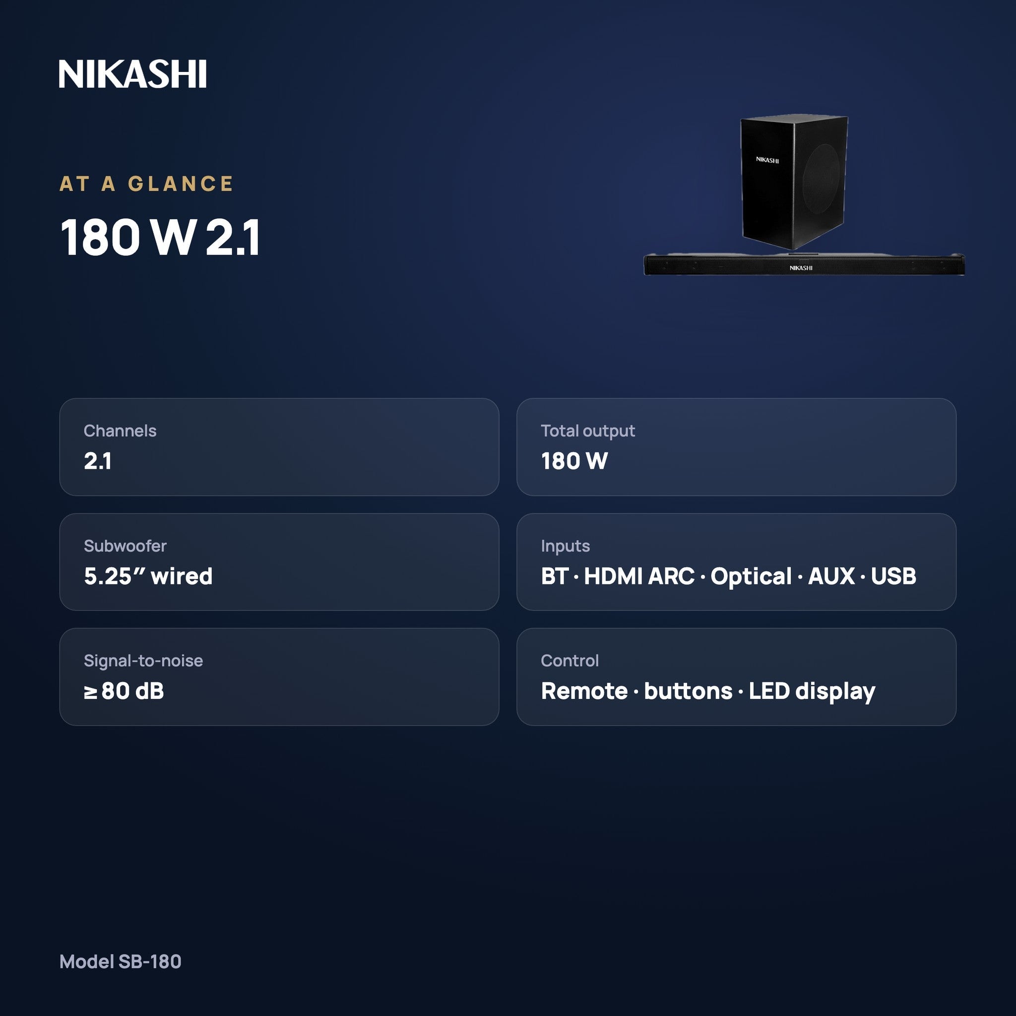 Nikashi 180 W 2.1 Soundbar (SB-180) at a glance