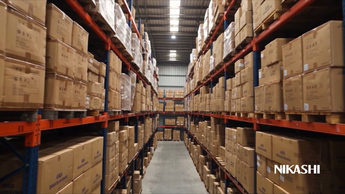 Warehouse aisle stacked with cartons