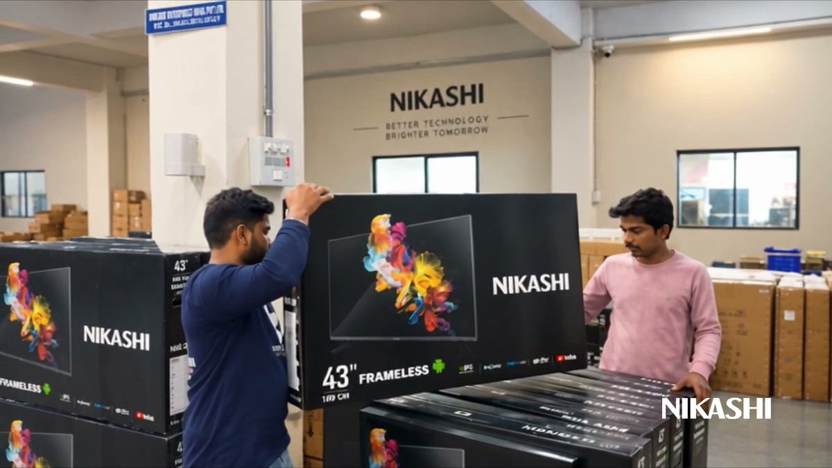 Staff handling a 43 inch TV carton