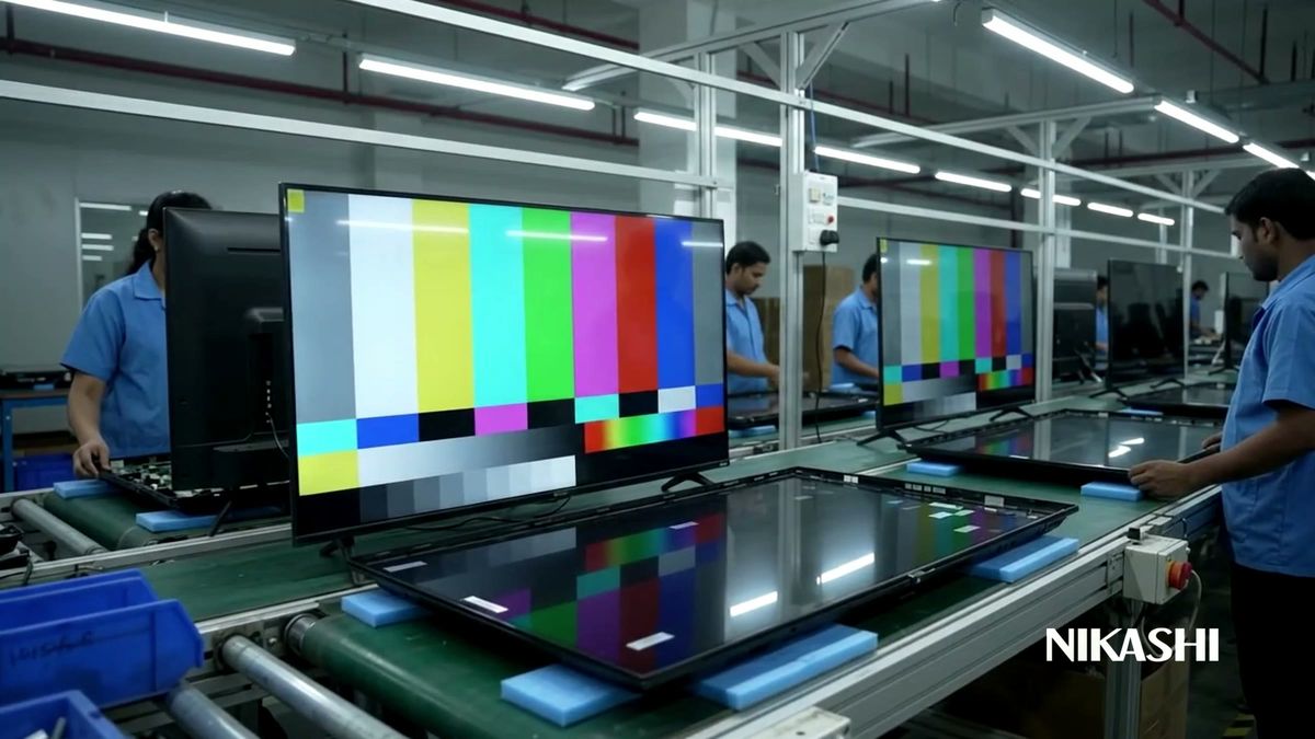 TV panel showing colour bars on the testing line