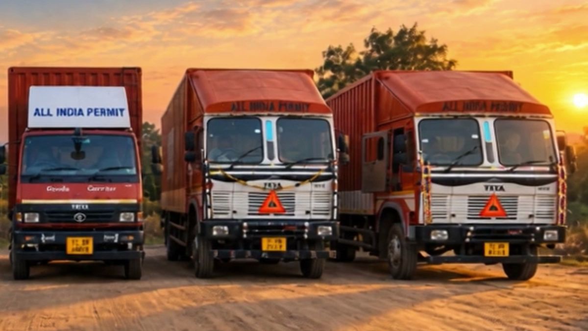 Delivery trucks at sunset
